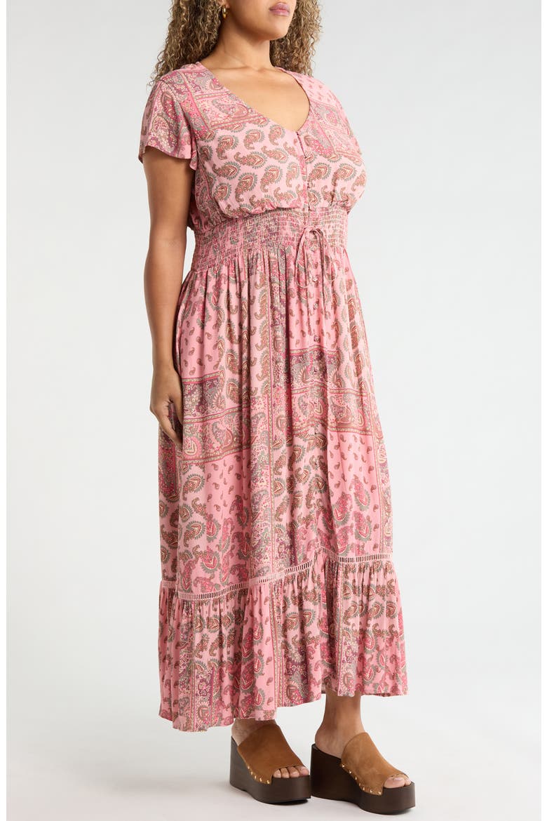Smocked Waist Maxi Dress, Alternate, color, PINK- OLIVE PATCHWORK PAISLEY