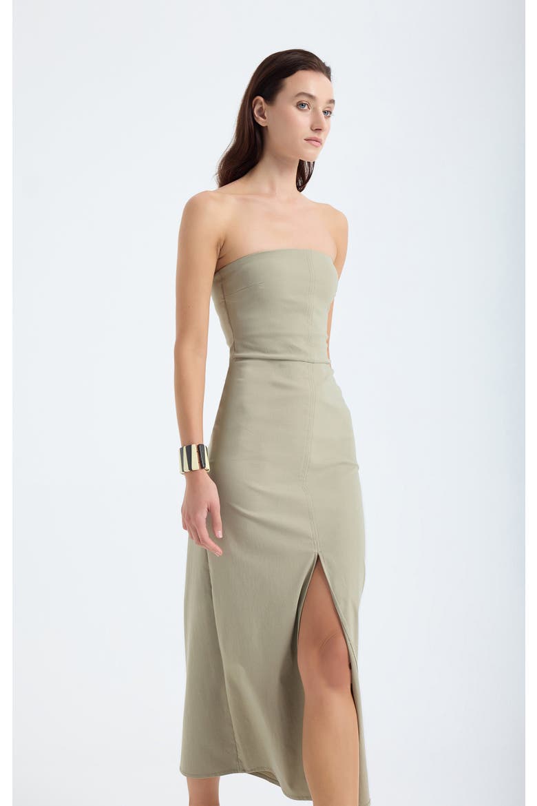 Akasha Strapless Cotton Blend Midi Dress with Front Slit, Alternate, color, Dusty Olive