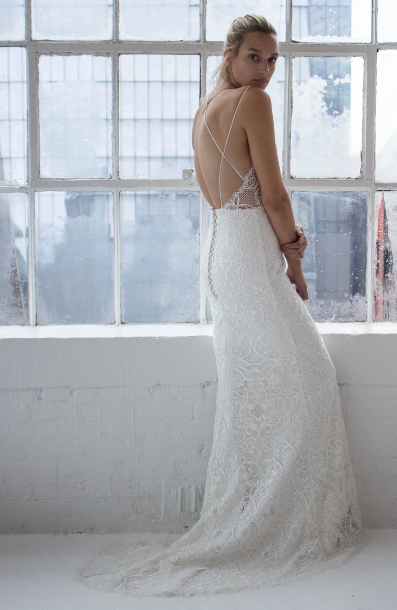 CHOSEN by One Day Jonie Guipure Lace Trumpet Wedding Dress, Alternate, color, 