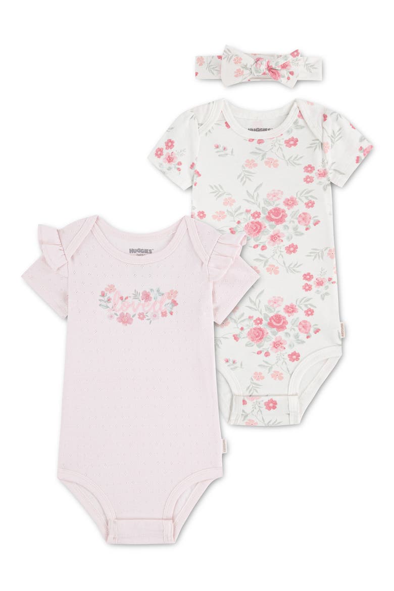 3-Piece Organic Cotton Bodysuits & Headband Set, Main, color, ROSEWATER