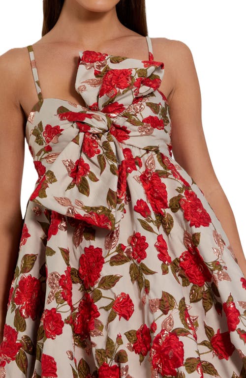 Mac Duggal Brocade Thin Strap Puff Mini Dress With Bow In White Multi