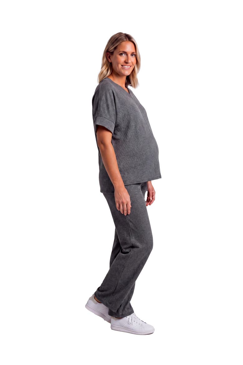 Maternity Basic Ribbed Knit Dolman Sleeve V-Neck Top and Drawstring Wide Leg Pant Set, Alternate, color, Smoke