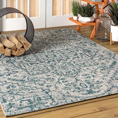 Jonathan Y Estrella Bohemian Medallion Textured Weave Indoor/outdoor Area Rug In Teal/gray