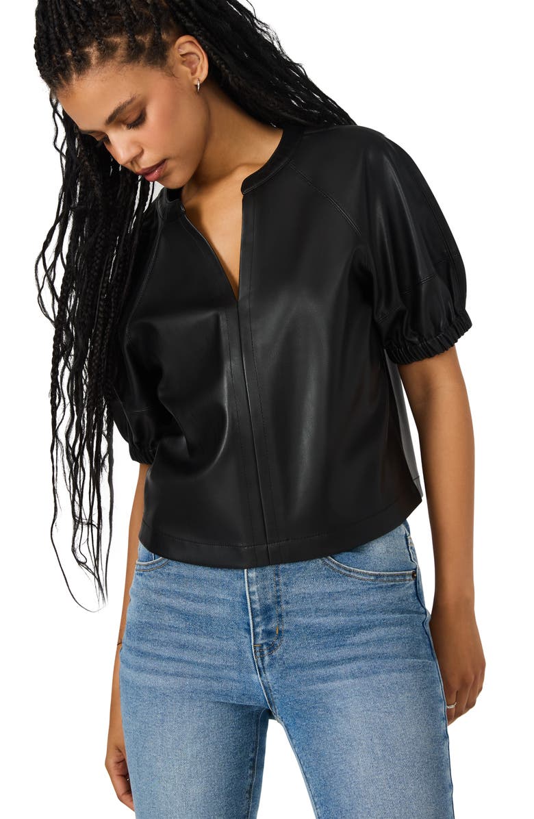 Steve Madden Roxanne Short Sleeve Faux Leather Top, Alternate, color, Black