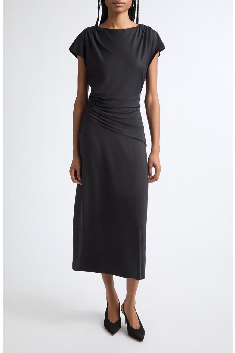 Lila Ruched Midi Dress, Main, color, BLACK