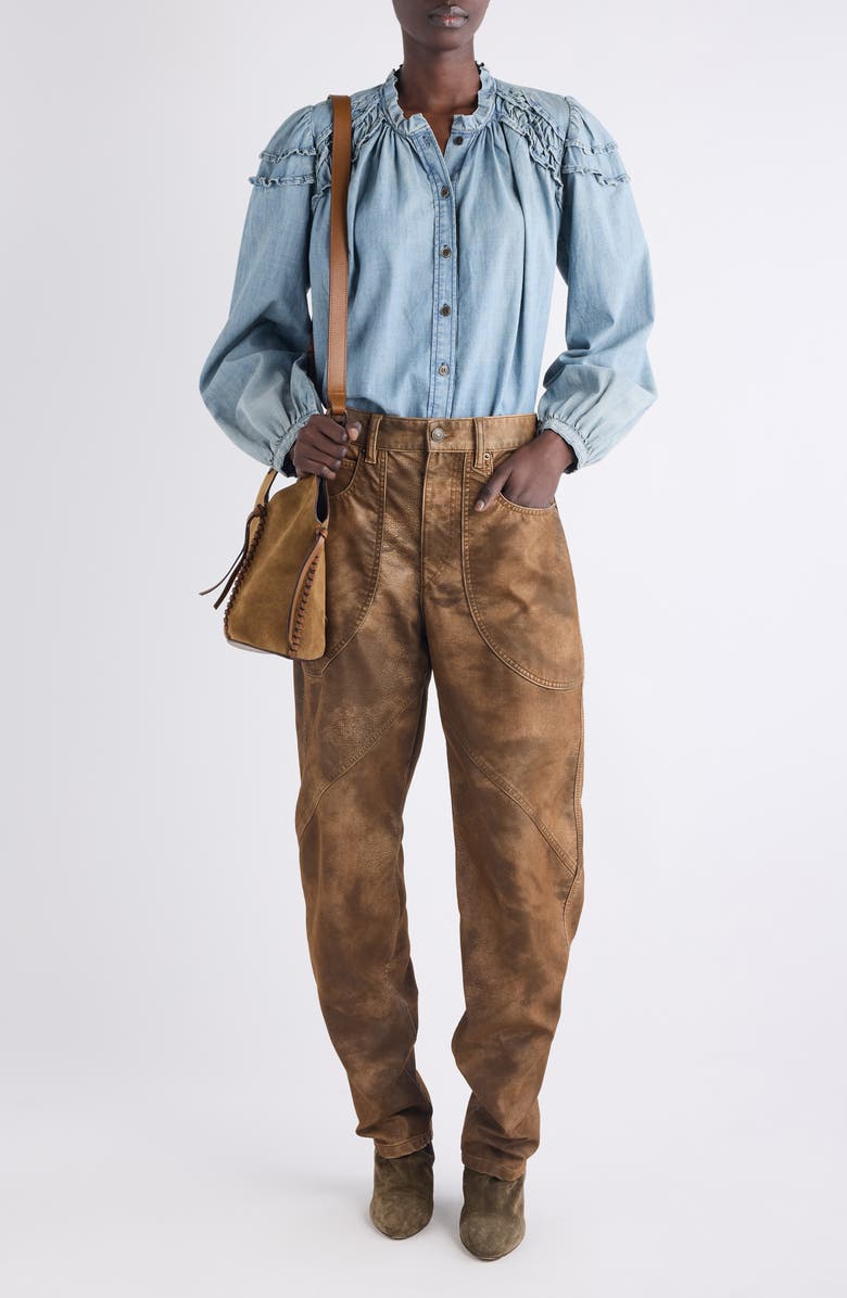 Isabel Marant Étoile Milya Ruffle Denim Button-Up Shirt, Alternate, color, Blue