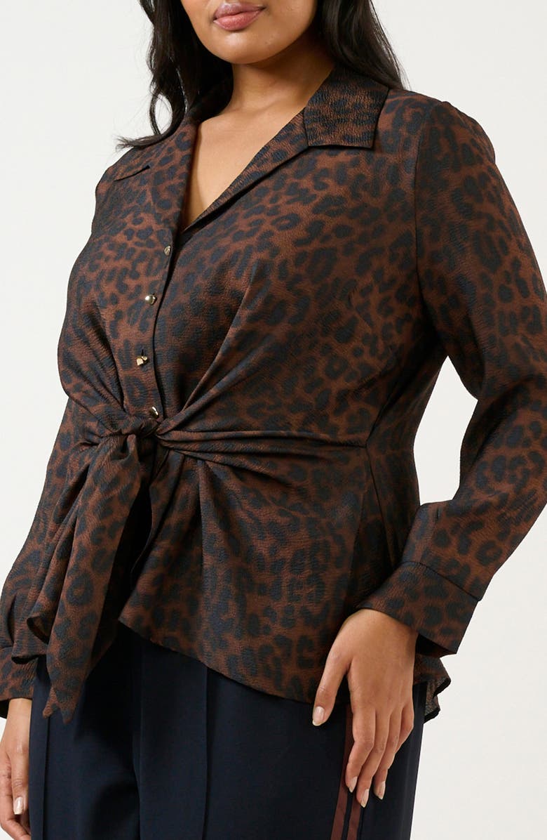 Estelle Leona Leopard Print Tie Front Button-Up Top, Alternate, color, Chocolate/ Navy