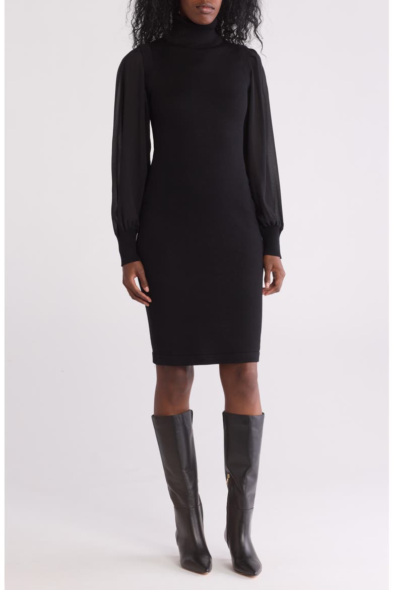 Turtleneck Chiffon Sleeve Sheath Dress, Main, color, BLACK