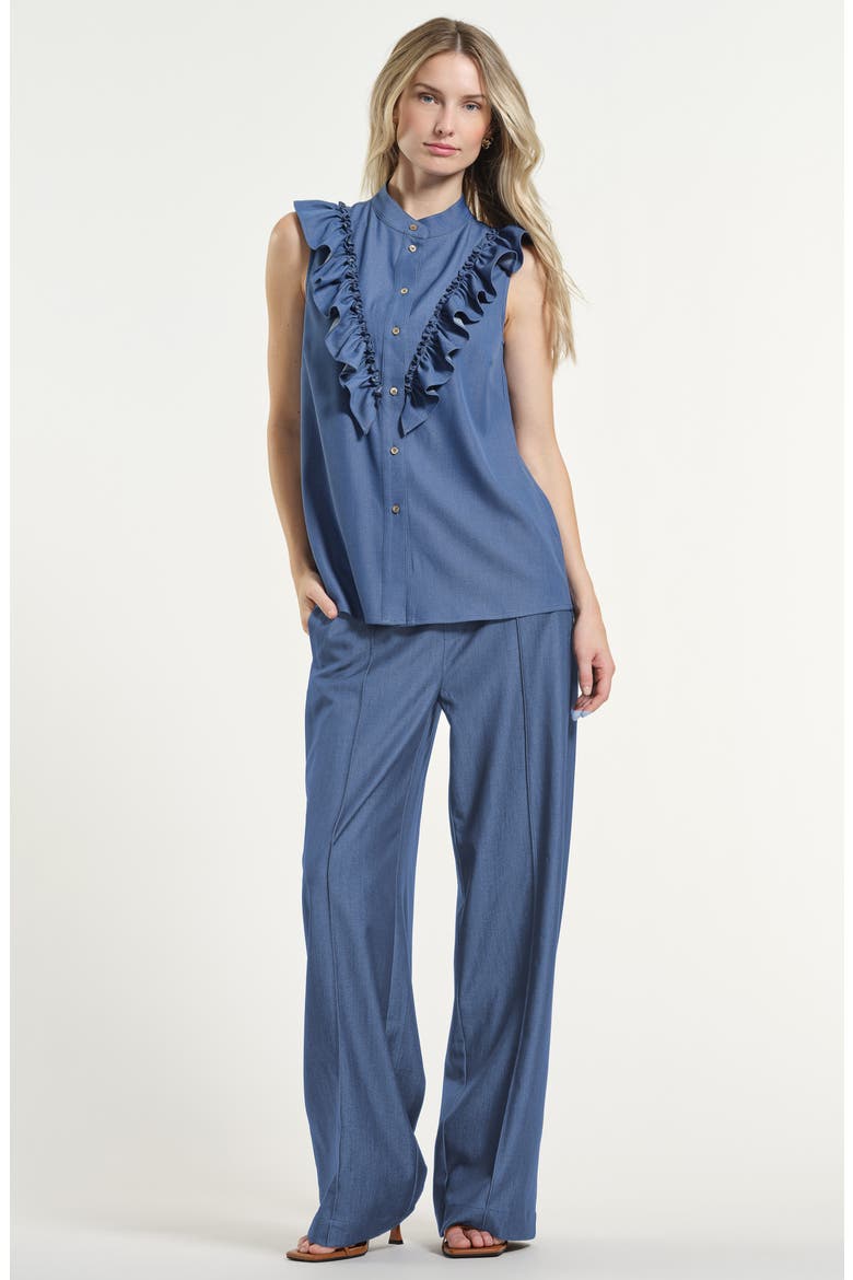 Ruffle Button-Up Shirt, Alternate, color, DENIM