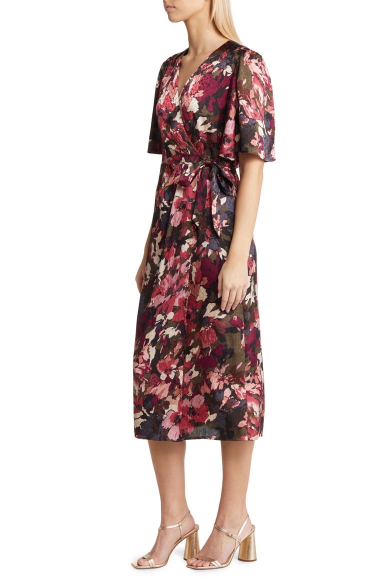Flora Print Flutter Sleeve Faux Wrap Dress, Alternate, color, KELP COMBO