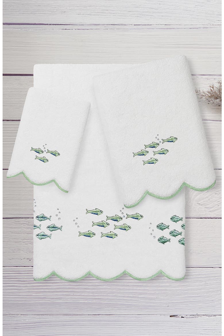 Fish School Scallop 3-Piece Hand Towel Set, Alternate, color, WHITE/ GREEN