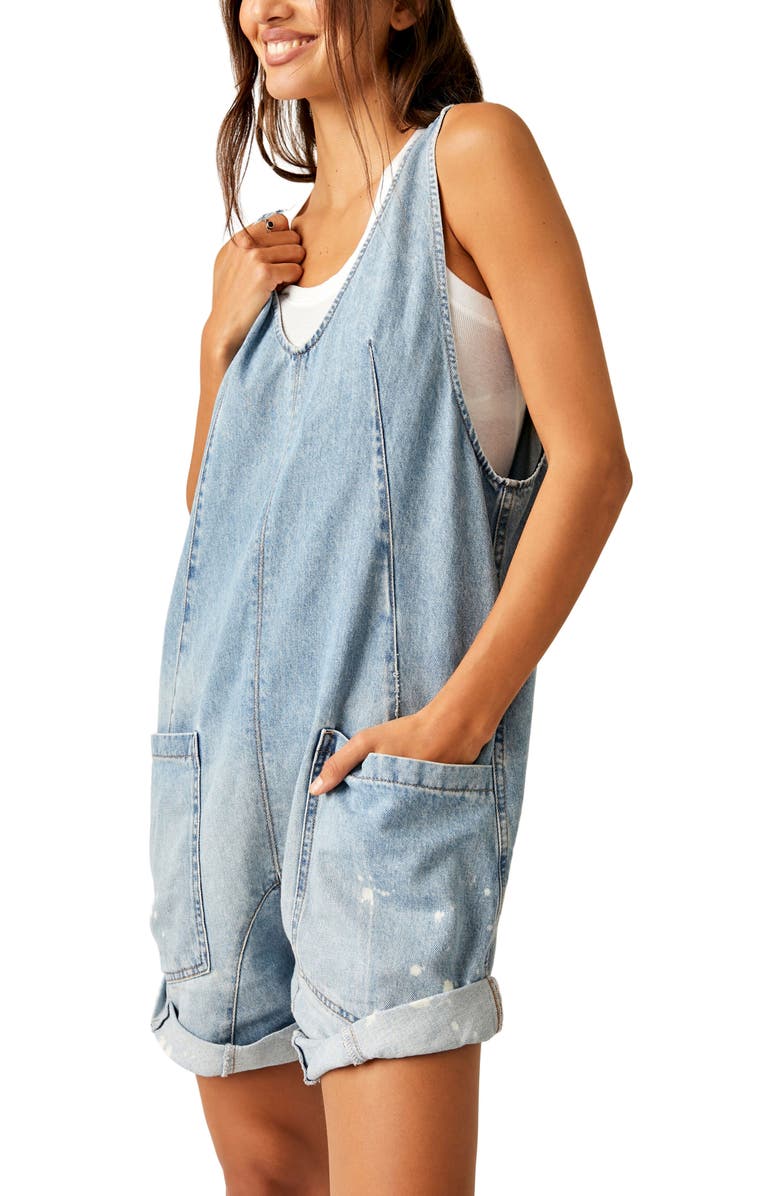 Free People High Roller Denim Short Overalls, Alternate, color, Bright Eyes