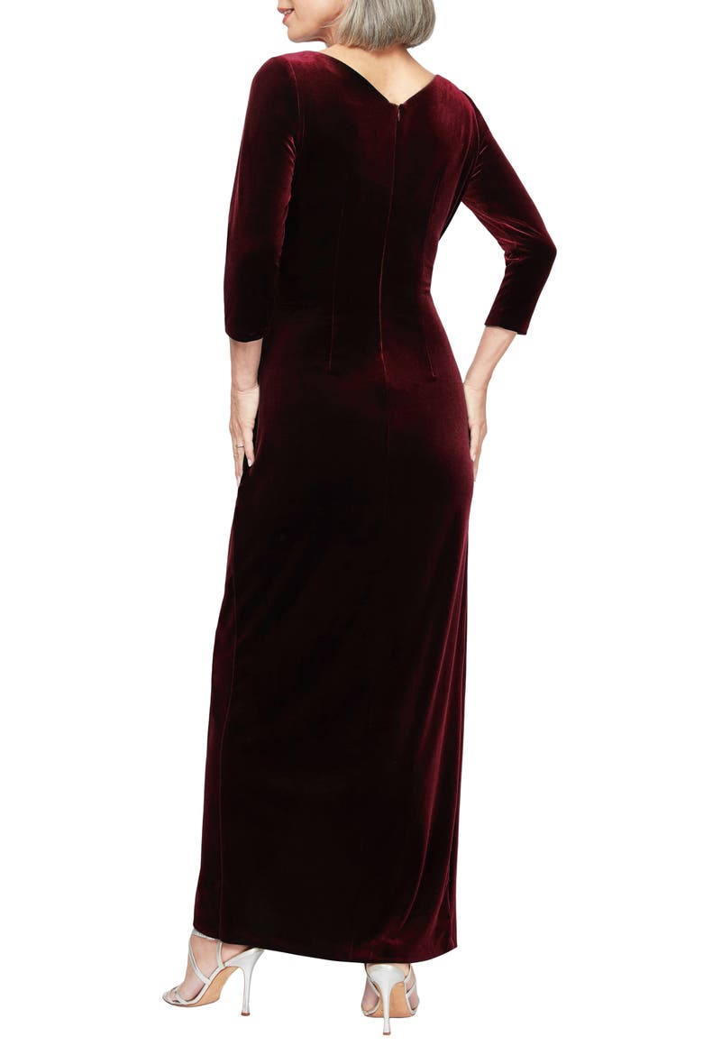 Ruched Three-Quarter Sleeve Velvet Gown, Alternate, color, WINE
