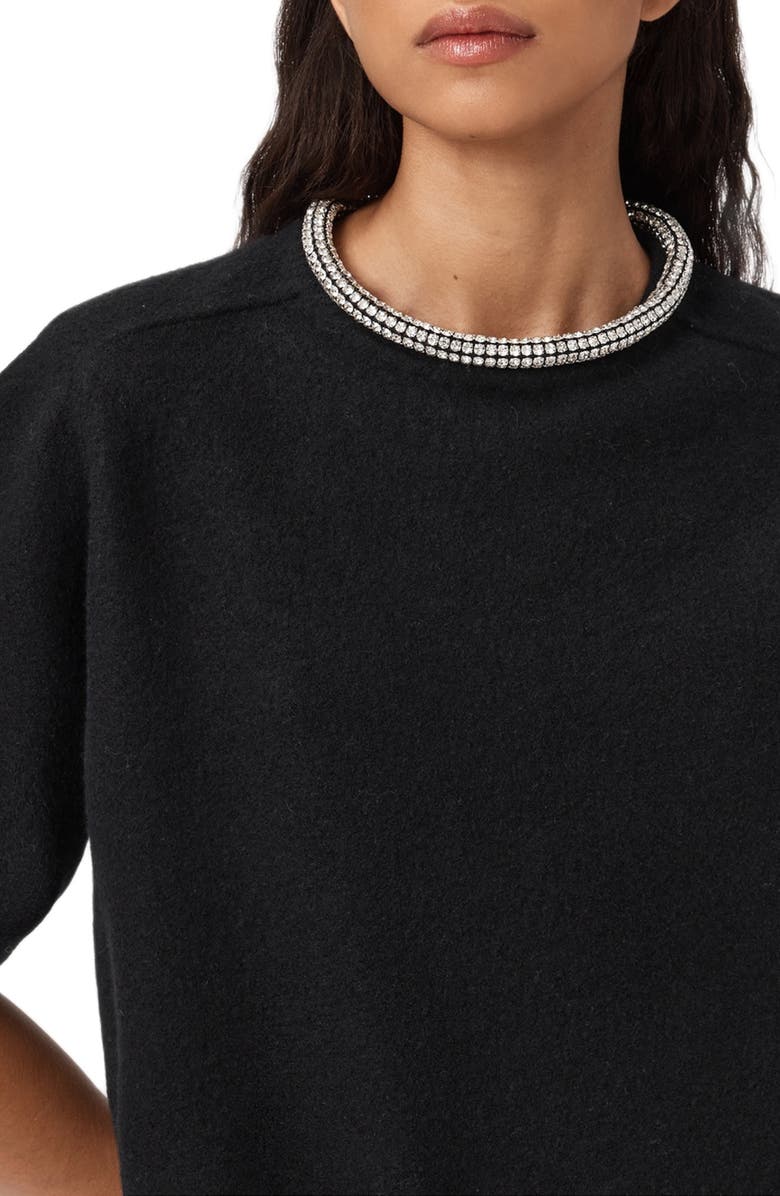 AllSaints Odell Rhinestone Collar Wool Sweater, Alternate, color, Black
