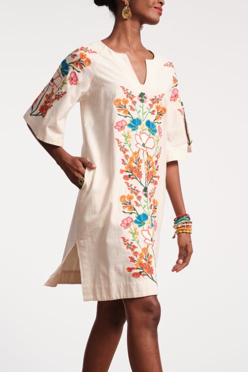 Frances Valentine Charming Mini Caftan Dress In Botanical Bash Embroidery Oyster