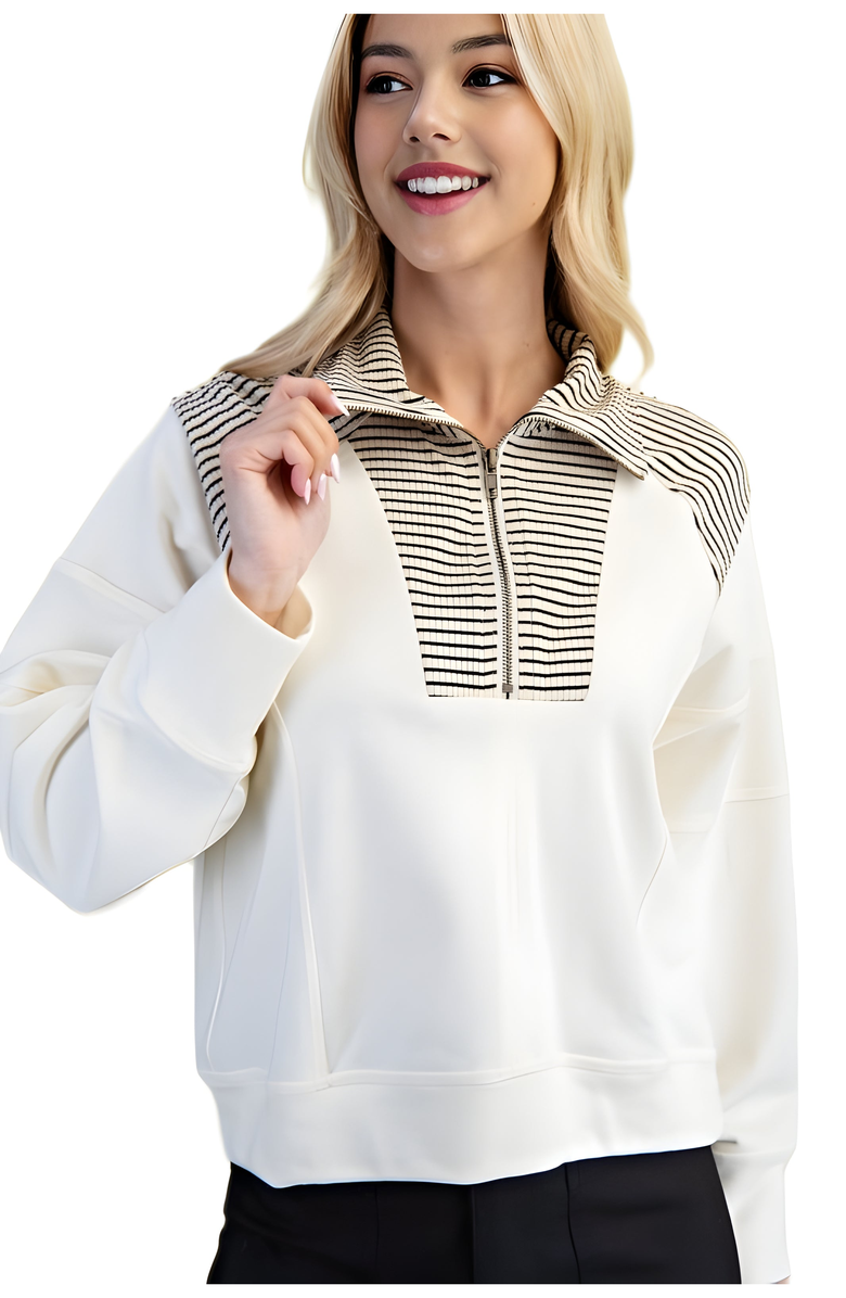 Knit and Lounge Striped Half-Zip Sweater With Contrast Collar Trim, Main, color, Ivory