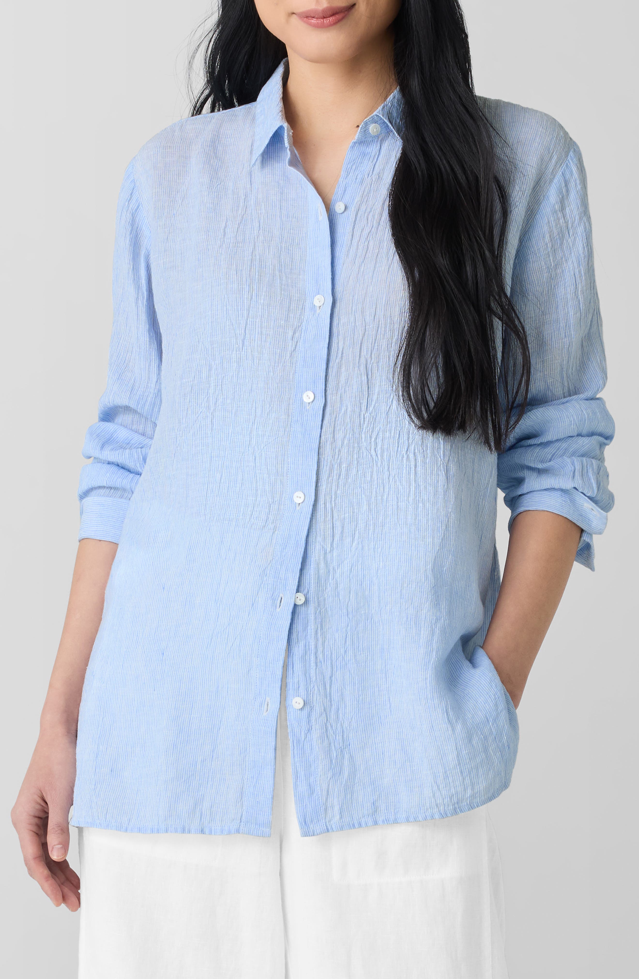 Eileen Fisher Crinkled Organic Linen Button-Up Shirt
