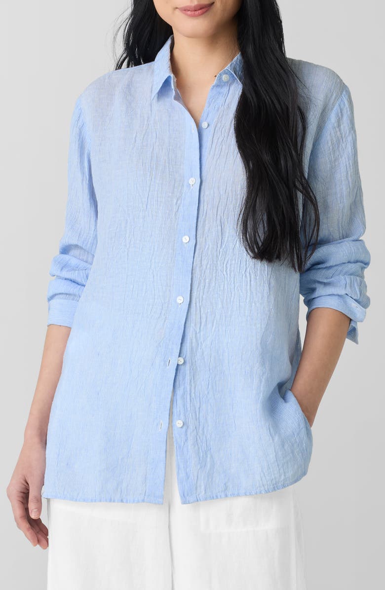 Eileen Fisher Crinkled Organic Linen Button-Up Shirt, Main, color, Ultramarine