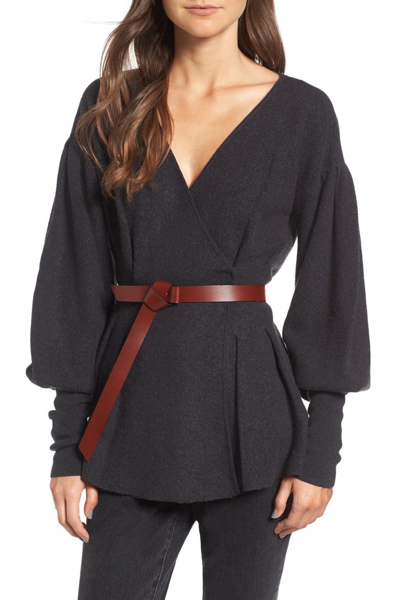 x Something Navy Wrap Cardigan, Main, color, GREY DARK CHARCOAL HEATHER