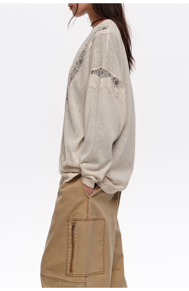 Bimba y Lola Long Cotton and Linen Cardigan With Lace Trim, Alternate, color, Sand