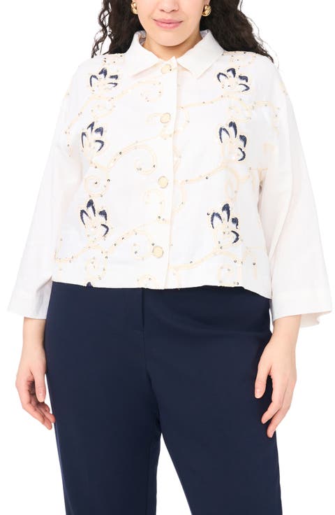 Sequin Embroidered Button-Up Top (Plus)
