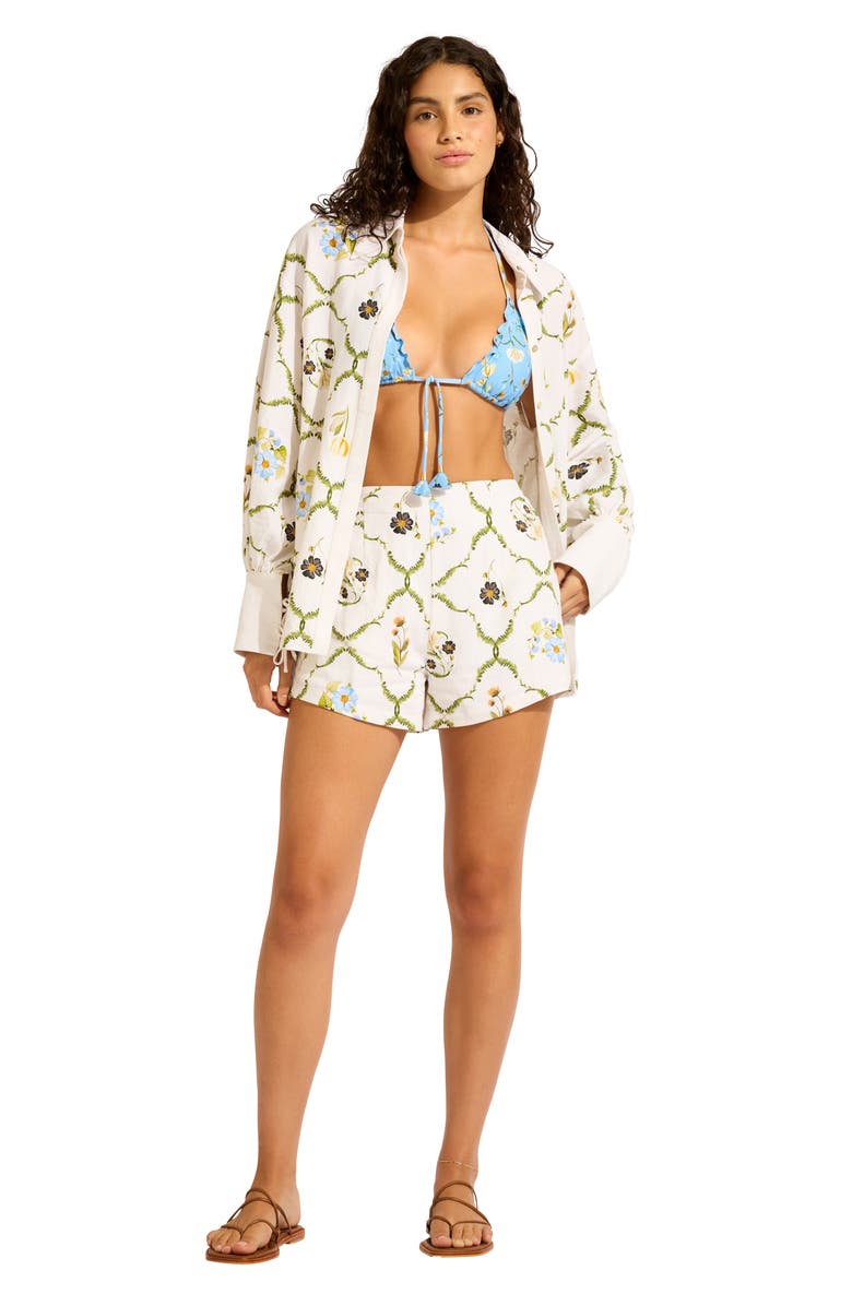 Seafolly Print Linen Blend Cover-Up Shorts, Alternate, color, White