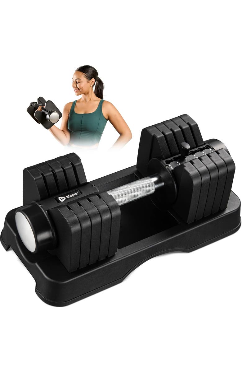 Lifepro Adjustable Dumbbell Set 25lb, 15lb, 43lb, 55lb Quick Adjust Strength Training Weights for Home Gym, Main, color, Single 55Lb