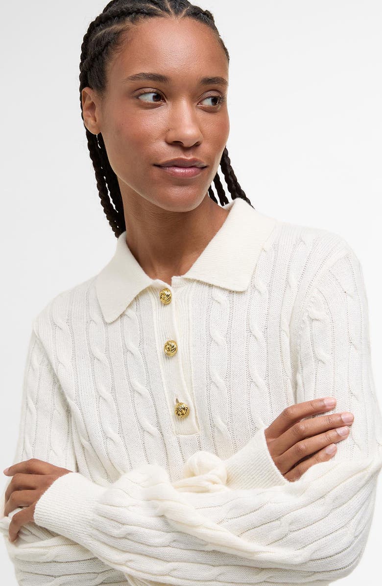Barbour Evie Cable Stitch Polo Sweater, Alternate, color, Cloud