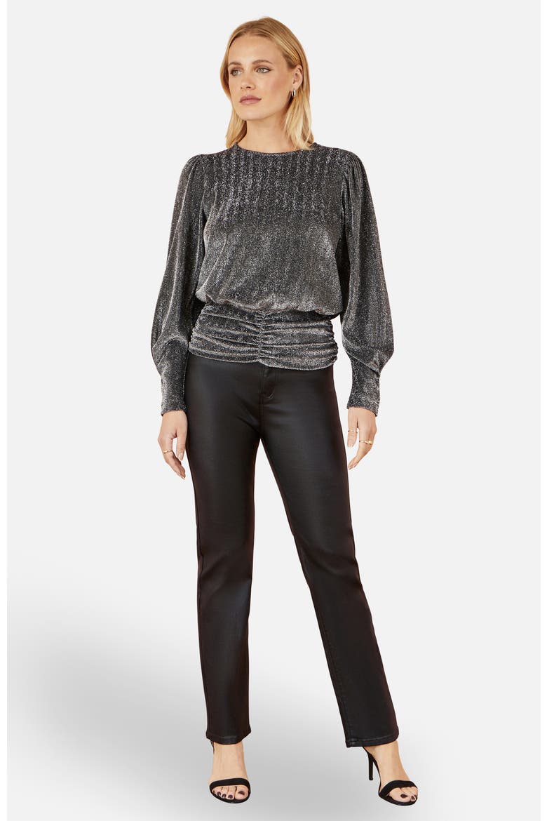 Metallic Stretch Ruched Hem Top, Alternate, color, Black
