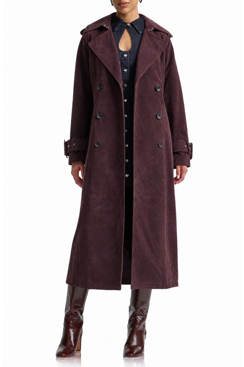 Faux Suede Double Breasted Midi Trench Coat, Alternate, color, BLACKBERRY