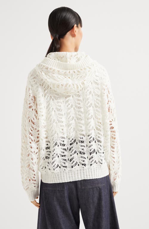 Brunello Cucinelli Foliage Lace Hooded Cardigan In Linen And Silk Diamond Yarn In White