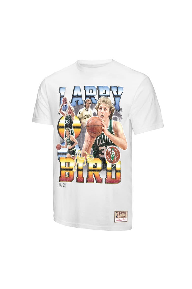 Men's Mitchell & Ness Larry Bird White Boston Celtics Commemorative Collage T-Shirt, Alternate, color, White