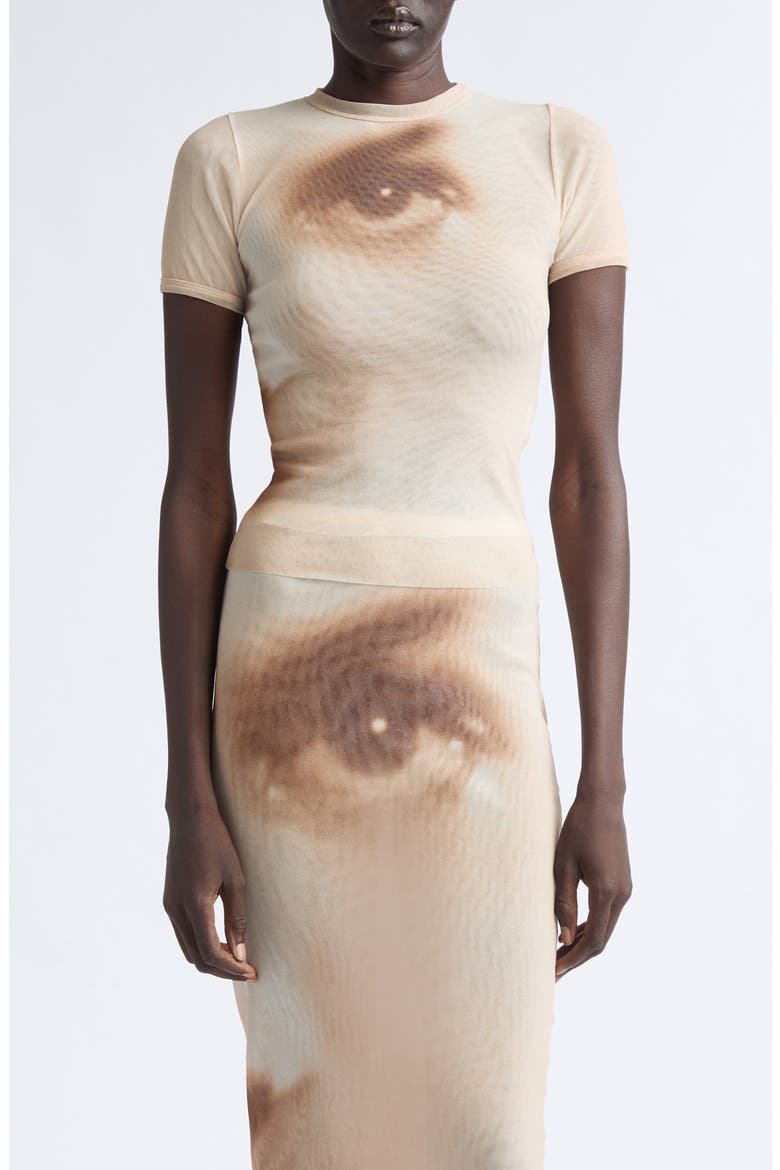 Face Print Crop Mesh Baby Tee, Main, color, BEIGE