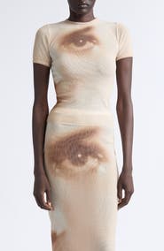 Jean Paul Gaultier Face Print Crop Mesh Baby Tee