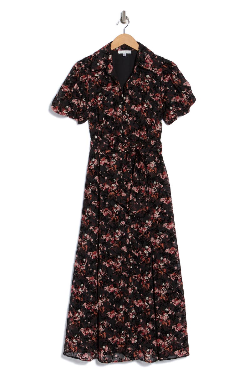 SANDRA DARREN Puff Sleeve Button Front Midi Dress, Alternate, color, Black/ Plum