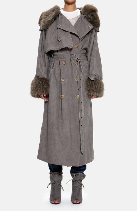 Hooded Faux Fur Trim Trench Coat