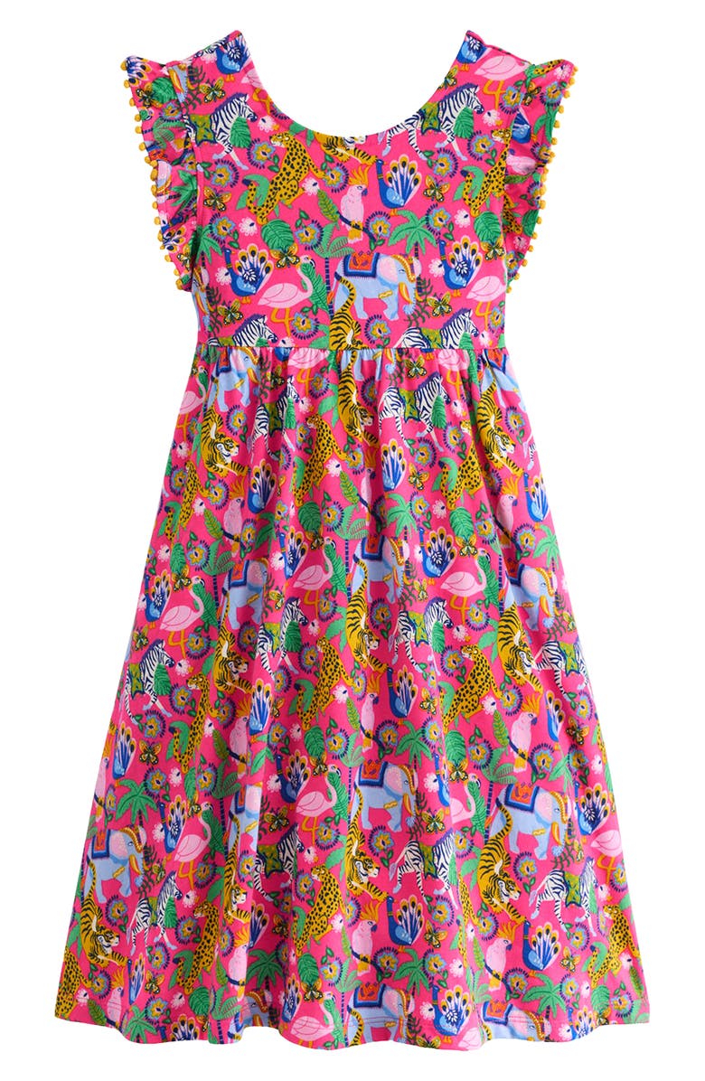 Mini Boden Kids' Bow Back Cotton Jersey Dress, Main, color, Flamingo Pink Jungle Animals