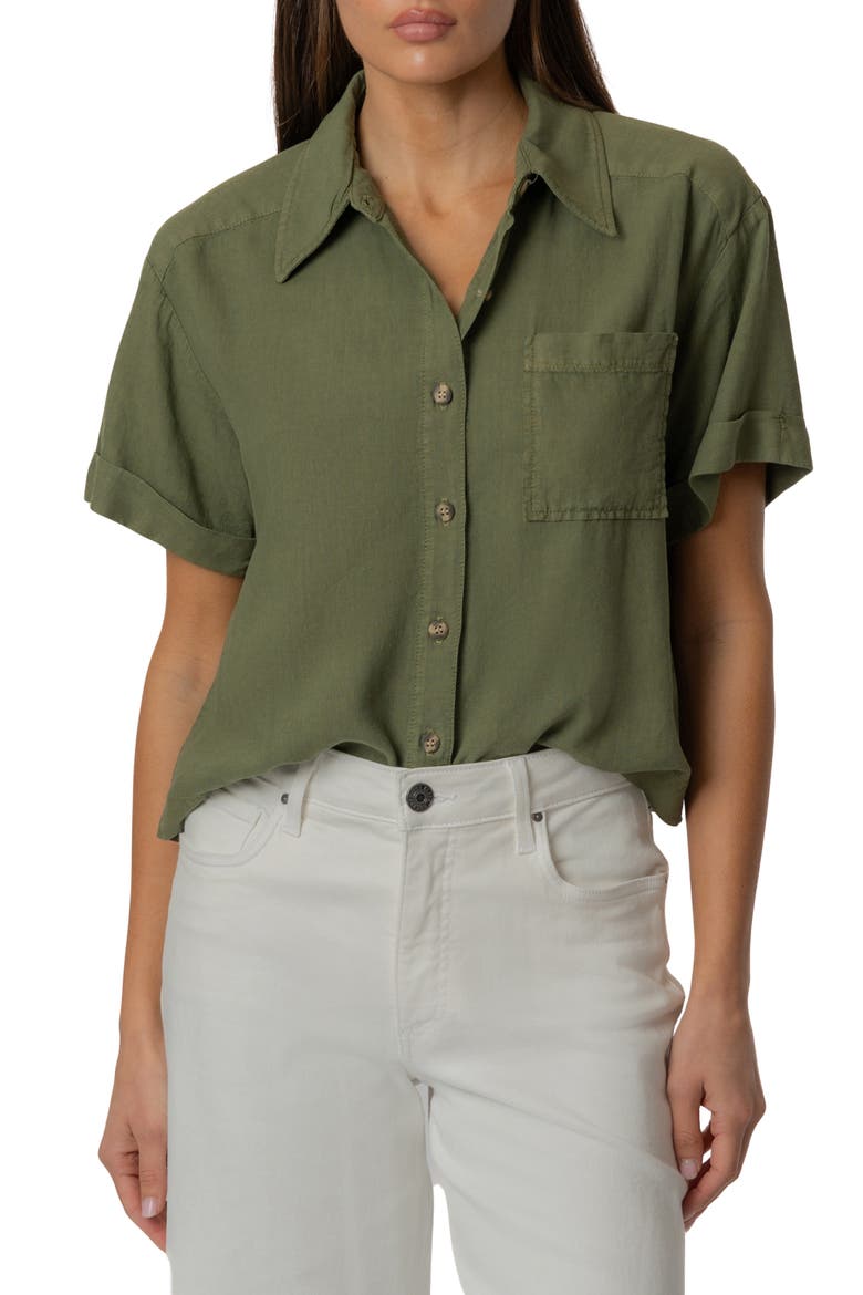 Aida Linen Blend Short Sleeve Button-Up Top, Main, color, OLIVE