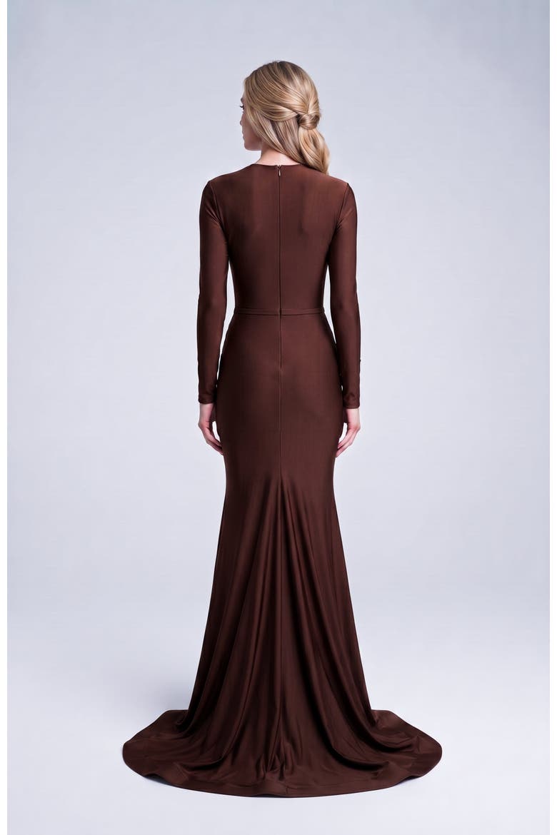 Ruched Long Sleeve Slit Mermaid Gown, Alternate, color, Brown