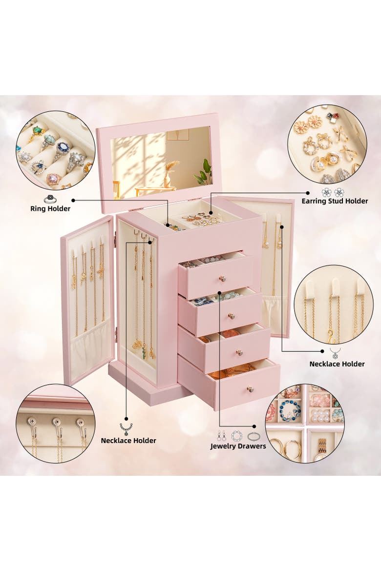 Standing Jewelry Armoire with Lid Mirror, Alternate, color, Pink