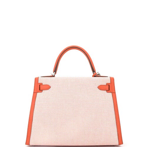 Pre-owned Hermes Hermes Kelly Handbag Quadrille Canvas And Orange Swift With Palladium Hardware 28 In Brown