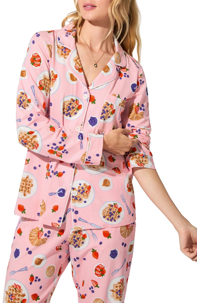 BedHead Pajamas Print Long Sleeve Stretch Organic Cotton Jersey Pajamas, Alternate, color, Waffle Brunch