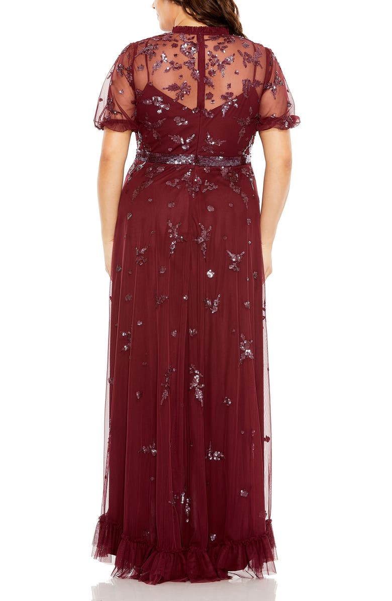 Mac Duggal High Neck Puff Short Sleeve Embellished Faux Wrap, Alternate, color, Bordeaux