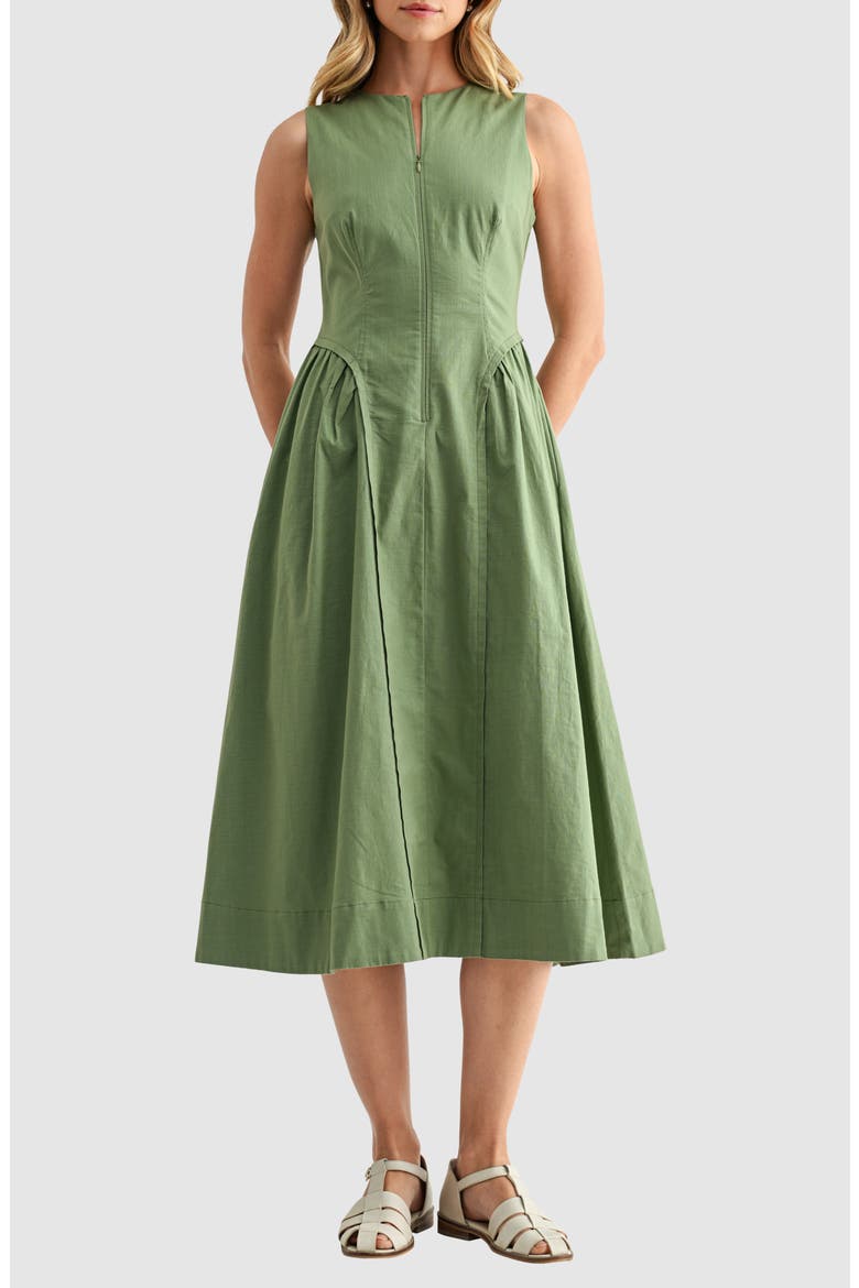 Front Zip Sleeveless Fit & Flare Midi Dress, Main, color, SAGE