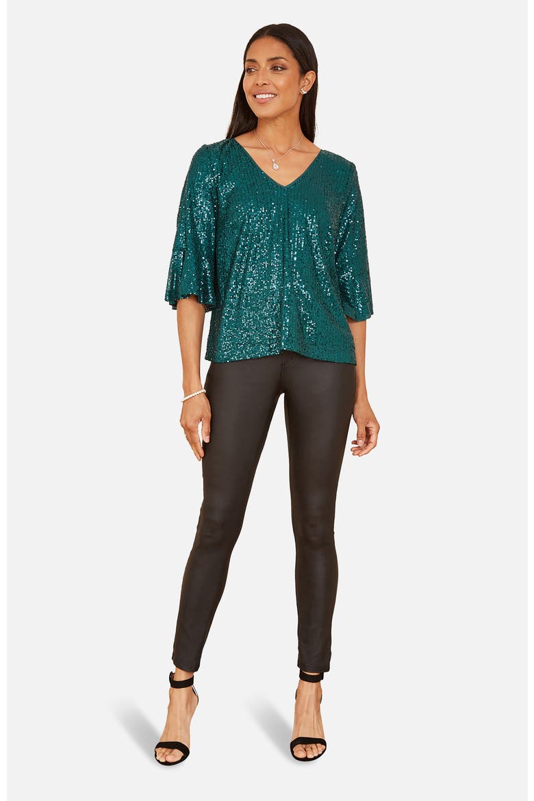 Fluted Sleeve Sequin Top, Alternate, color, Green