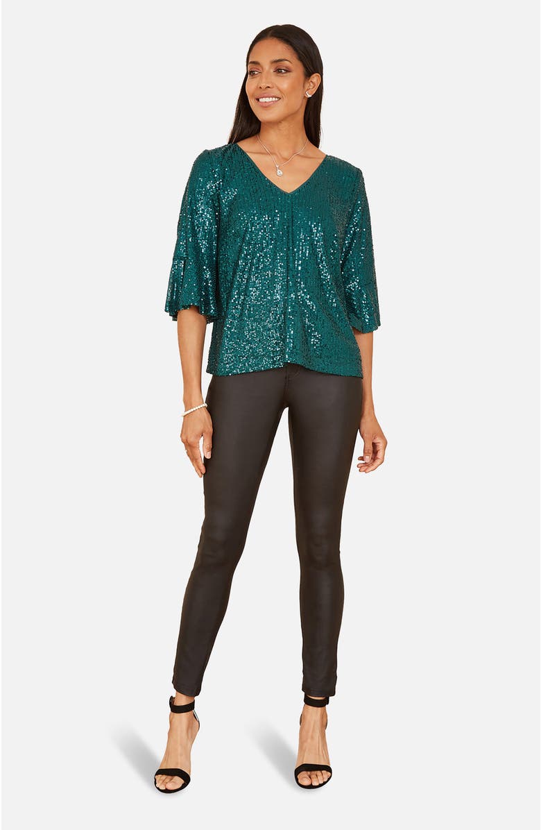 Yumi Fluted Sleeve Sequin Top, Alternate, color, Green