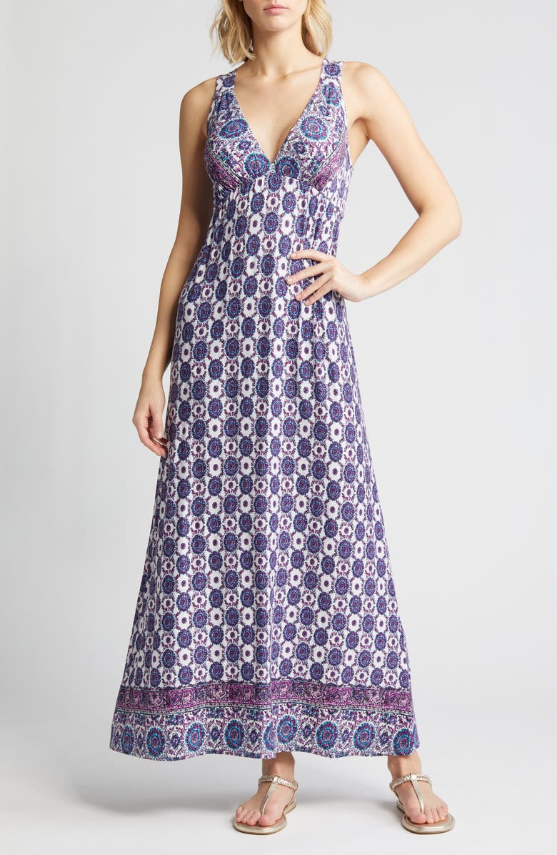 Loveappella Border Print Sleeveless Jersey Maxi Dress, Main, color, Violet