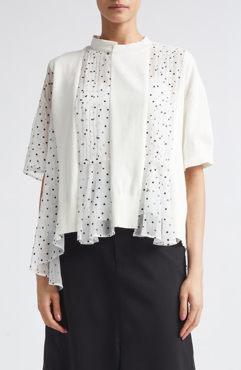 Sacai Pleated Polka Dot Mixed Media Top, Main, color, White