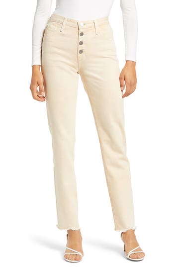 AG HIGH WAIST RAW HEM STRAIGHT LEG JEANS 