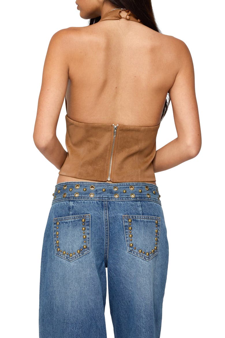Xaria Studded Faux Suede Halter Top, Alternate, color, BROWN